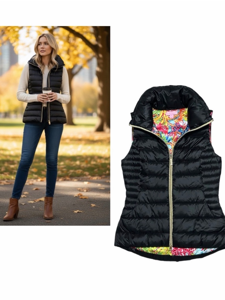Lilly Pulitzer Nwt Black Sleeveless Down Feather Zip Up Puffer Vest Xs
